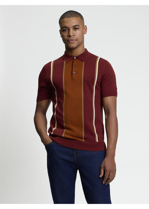 Ben Sherman Mod Stripe Gebreide Polo Siennabruin – voorkant gedragen