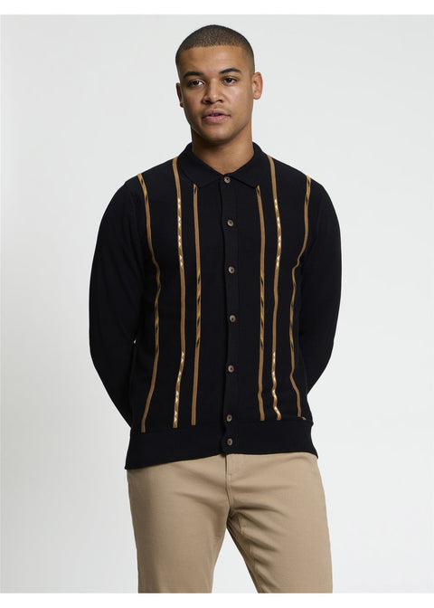 Ben Sherman Placed Geo Gebreid Overhemd Zwart – voorkant gedragen