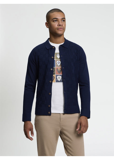 Ben Sherman Checkerboard Gebreid Overhemd Donkerblauw – voorkant gedragen
