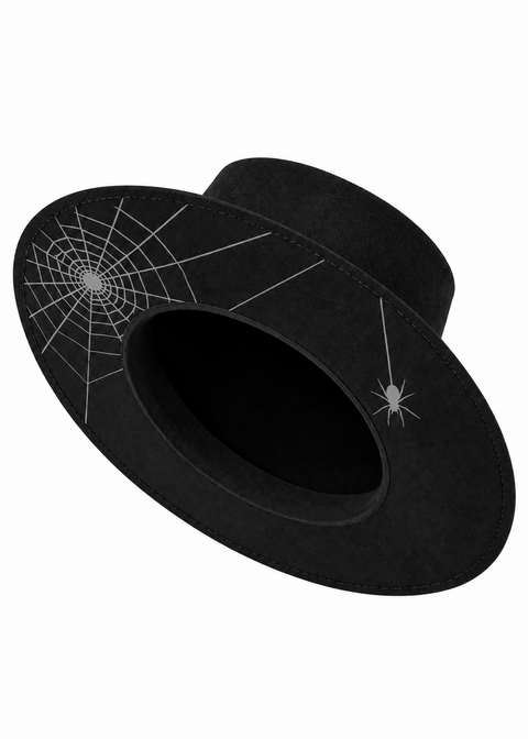 Witchwood Hanging Spider Web hoed zwart grijs – schuin onderaanzicht met vlakke brede rand