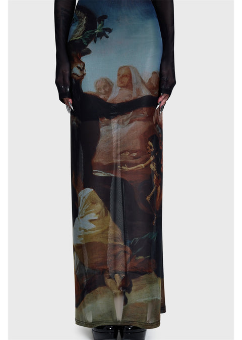 Killstar Witches' Sabbath Maxi Jurk Multi – detail van de rok en heksenprint