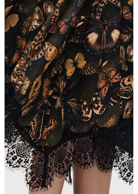 Killstar Mortelle Moth Midi Rok Multi – detail van de mottenprint en kanten zoom