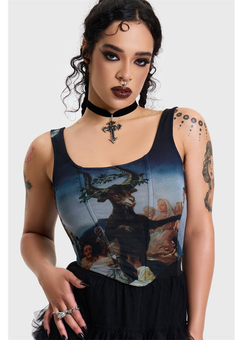 Killstar Witches' Sabbath Corset Top Multi – vooraanzicht op model