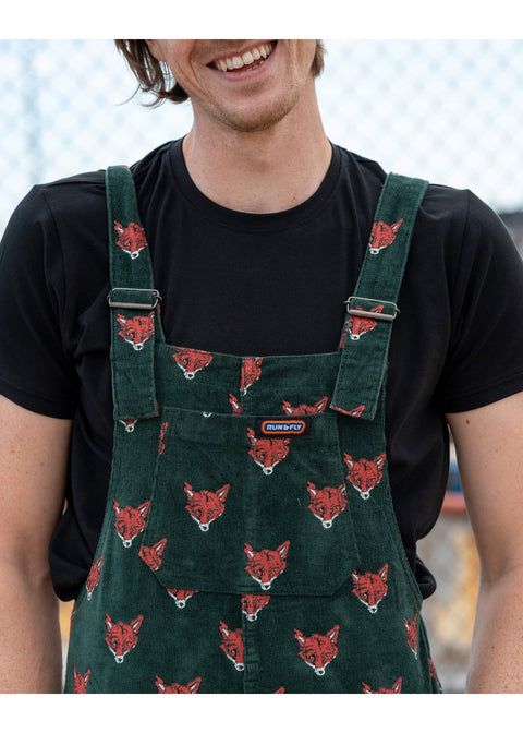 Run & Fly Foxy corduroy tuinbroek groen met vossenkoppen