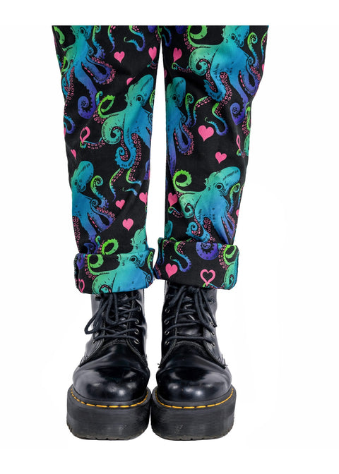 Run & Fly Octopus Love tuinbroek zwart met kleurrijke octopussen en roze hartjes
