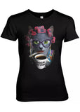 Retro Movies Cat Lady Girly T-Shirt Zwart